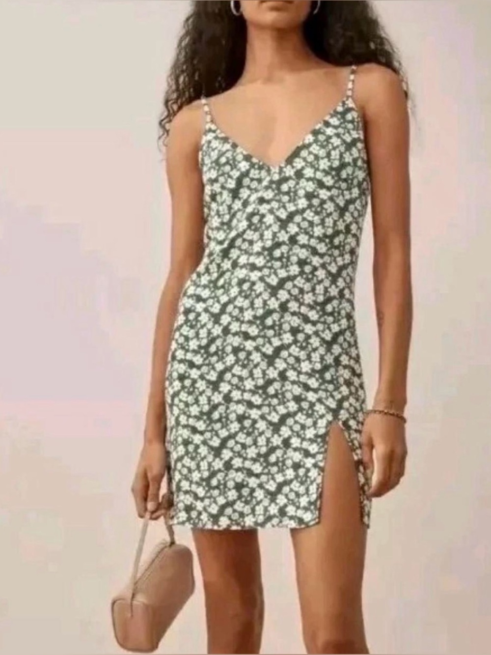 Reformation Marlowe Green and White Mini Floral Slip Dress Small